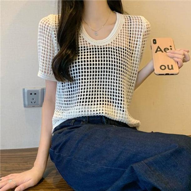 透かし編みクロップドサマーニット 6072-画像2-韓国ファッション通販POPREA［ポップリア］