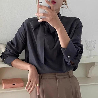 ボウタイ長袖オフィスブラウス 6364-画像2-韓国ファッション通販POPREA［ポップリア］