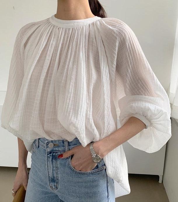 ギャザーボリュームスリーブシアーブラウス﻿﻿﻿ 5988-画像2-韓国ファッション通販POPREA［ポップリア］