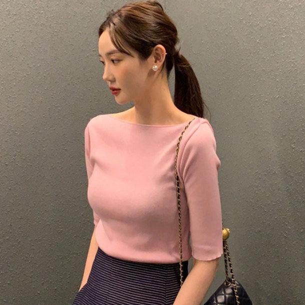 5分袖ボートネックニット 6000-画像2-韓国ファッション通販POPREA［ポップリア］