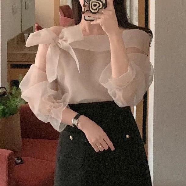 オフショルダーシアーブラウス 6452-画像2-韓国ファッション通販POPREA［ポップリア］