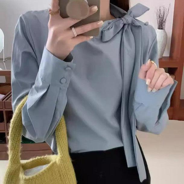 ネックリボンロングカフスブラウス﻿ 6211-画像2-韓国ファッション通販POPREA［ポップリア］