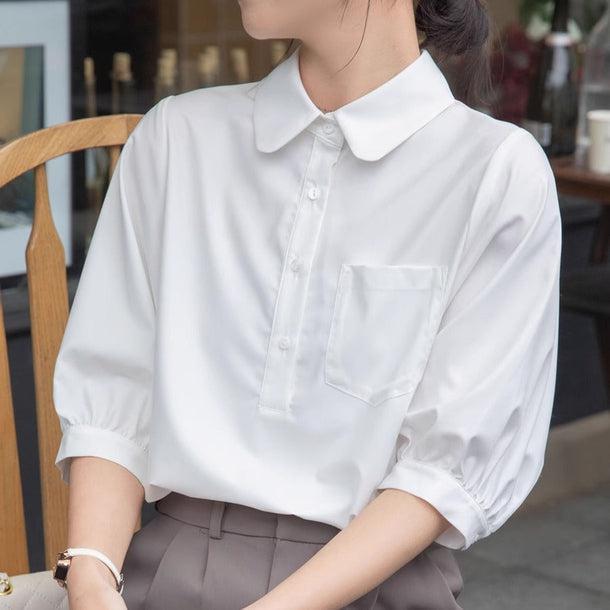 シアー丸襟ポロブラウス﻿﻿ 6050-画像2-韓国ファッション通販POPREA［ポップリア］