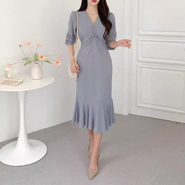 ギャザーVネックワンピース﻿﻿ 6517-画像2-韓国ファッション通販POPREA［ポップリア］