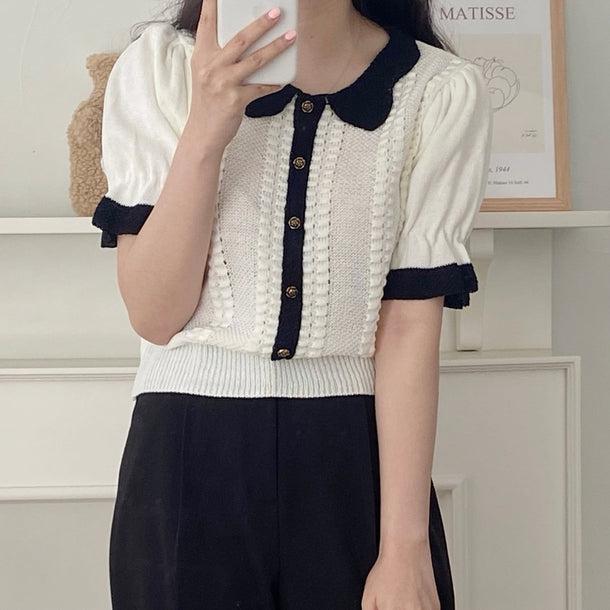 スリムフィットパフスリーブニットカーディガン 5998-画像2-韓国ファッション通販POPREA［ポップリア］