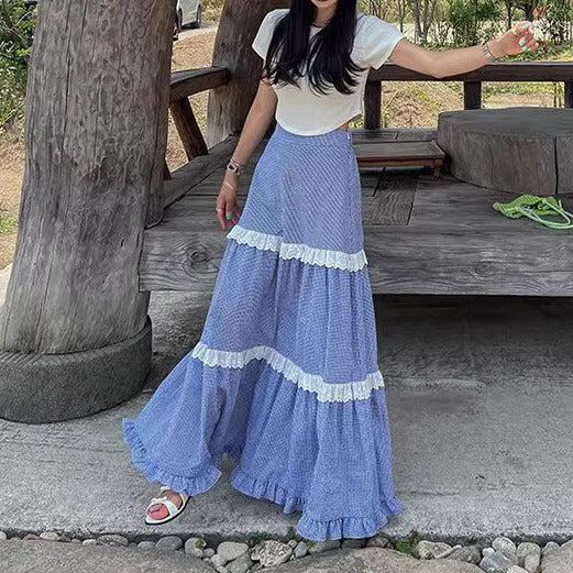 レースラインチェックロングスカート 6126-画像2-韓国ファッション通販POPREA［ポップリア］