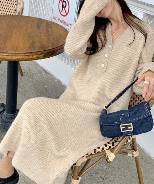 Vネックボタンリブニットワンピース 6334-画像2-韓国ファッション通販POPREA［ポップリア］