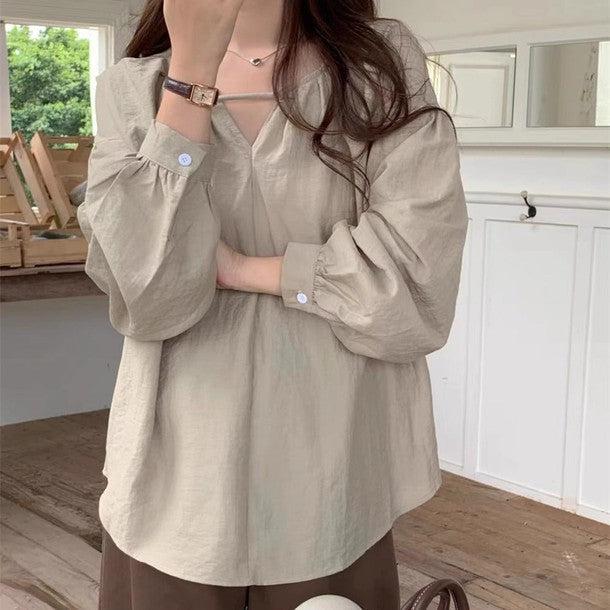 Vネックベーシック長袖ブラウス﻿ 6229-画像3-韓国ファッション通販POPREA［ポップリア］