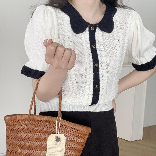 スリムフィットパフスリーブニットカーディガン 5998-画像3-韓国ファッション通販POPREA［ポップリア］