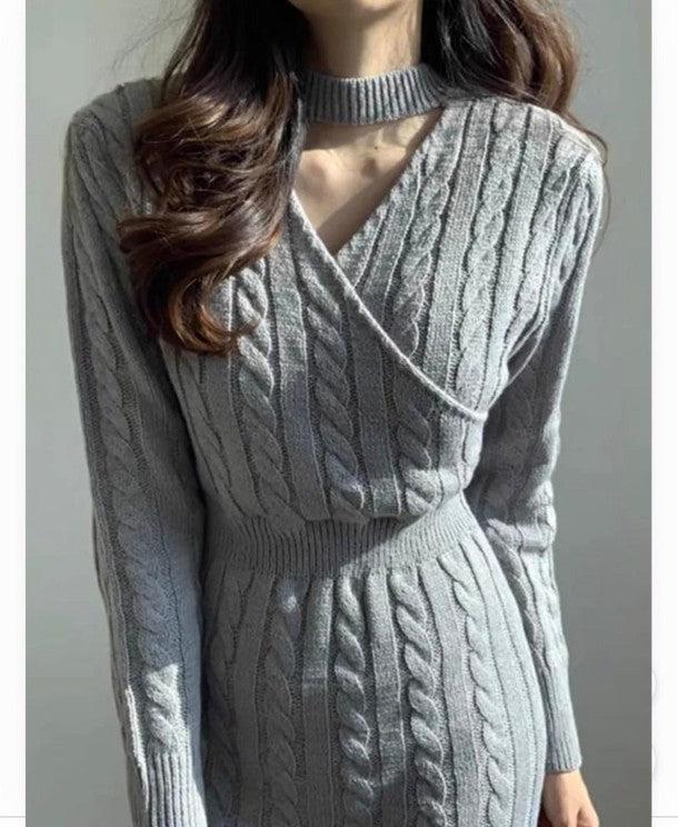 Vネックニットツイストワンピース 6384-画像3-韓国ファッション通販POPREA［ポップリア］