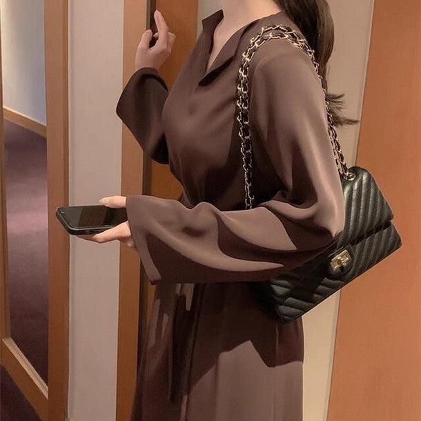 サテンVネックワンピース﻿ 6467-画像3-韓国ファッション通販POPREA［ポップリア］