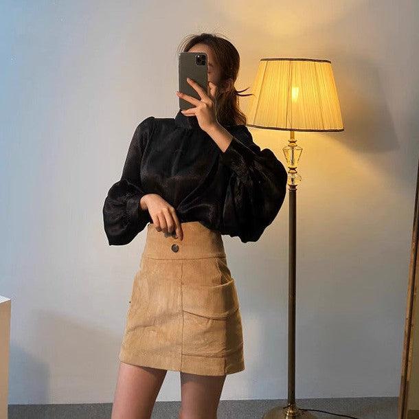 ハイネックバルーンスリーブサテンブラウス 6363-画像3-韓国ファッション通販POPREA［ポップリア］