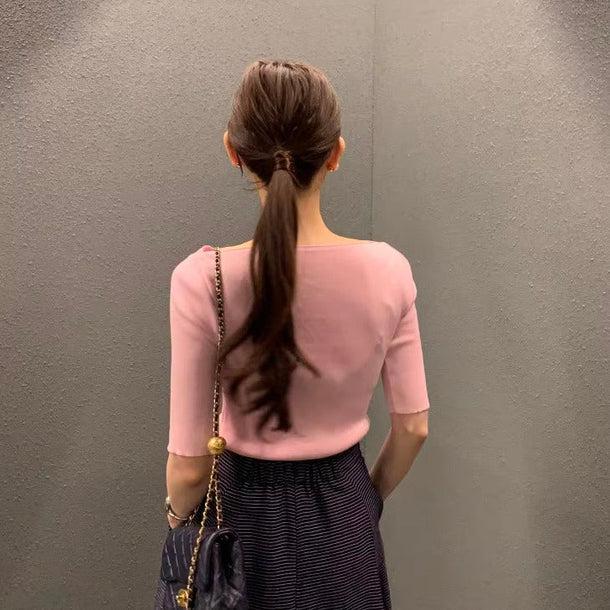 5分袖ボートネックニット 6000-画像3-韓国ファッション通販POPREA［ポップリア］