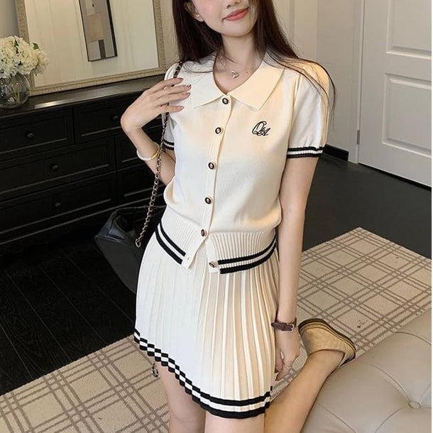 POLOニット＆ショートプリーツニットスカート﻿ 6109-画像3-韓国ファッション通販POPREA［ポップリア］