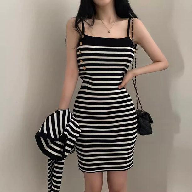 ボーダーキャミタイトワンピース＆カーディガン﻿ 6132-画像3-韓国ファッション通販POPREA［ポップリア］