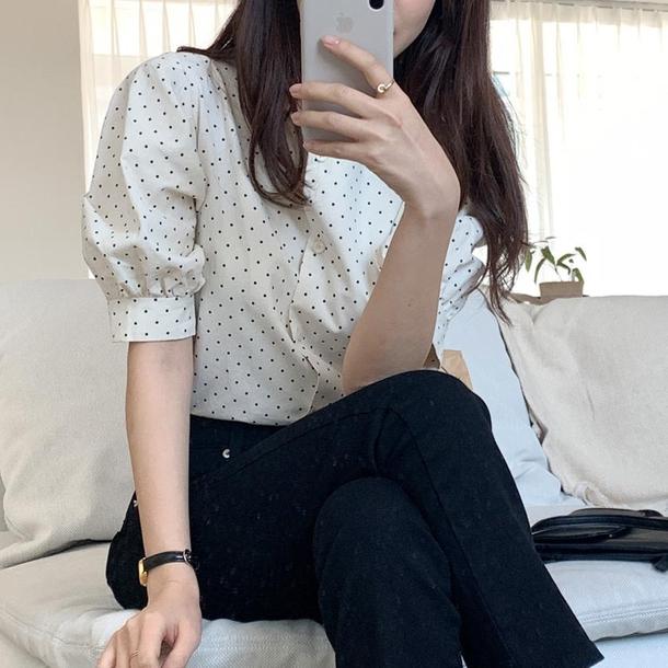 2WAY半袖ドットブラウス﻿ 6642-画像3-韓国ファッション通販POPREA［ポップリア］