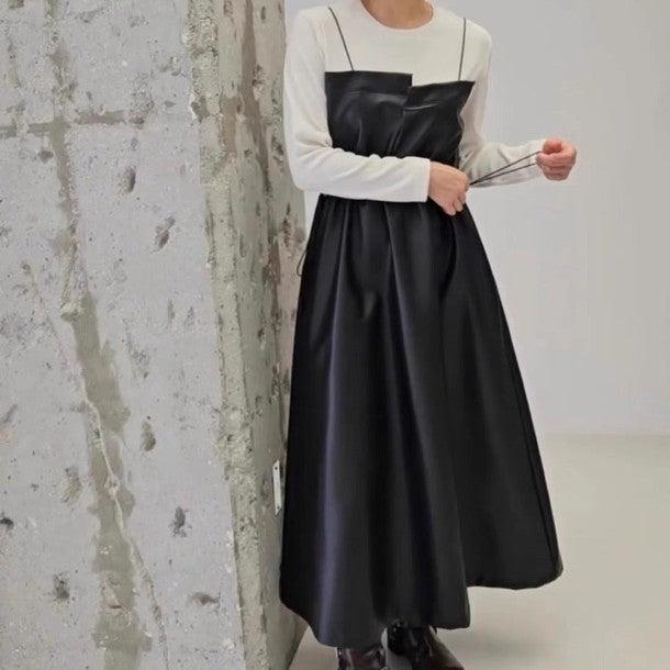 カットソードッキングフェイクレザーキャミワンピース﻿ 6223-画像3-韓国ファッション通販POPREA［ポップリア］