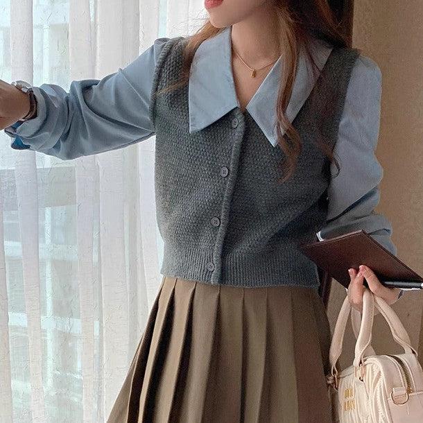 ドッキングニットベストブラウス 6422-画像3-韓国ファッション通販POPREA［ポップリア］