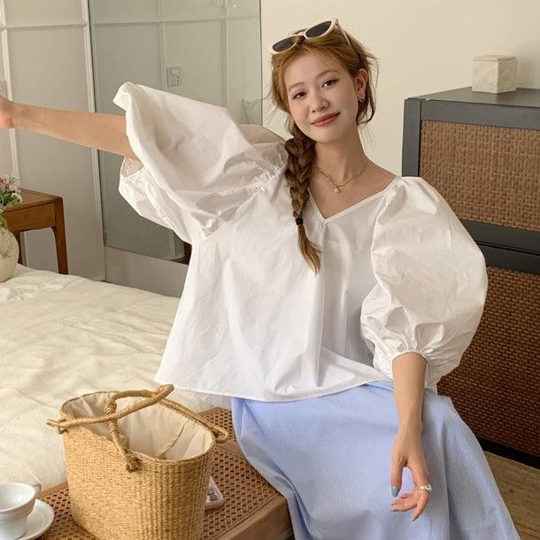 バルーンスリーブVネックブラウス 6018-画像3-韓国ファッション通販POPREA［ポップリア］