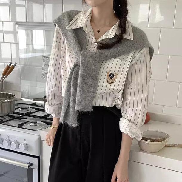 エンブレム刺繍ストライプシャツ 6177-画像3-韓国ファッション通販POPREA［ポップリア］