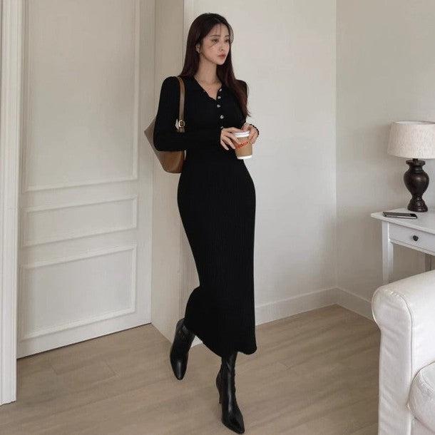 ハーフボタンタイトリブニットワンピース 6323-画像3-韓国ファッション通販POPREA［ポップリア］