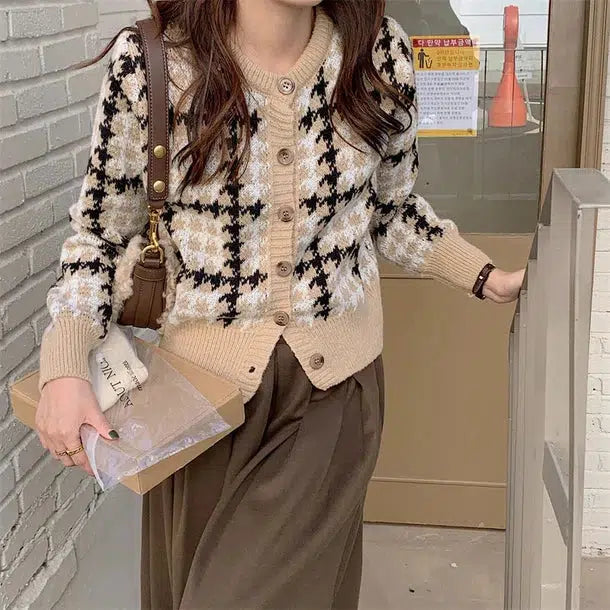 千鳥格子ショートカーディガン 6602-画像3-韓国ファッション通販POPREA［ポップリア］