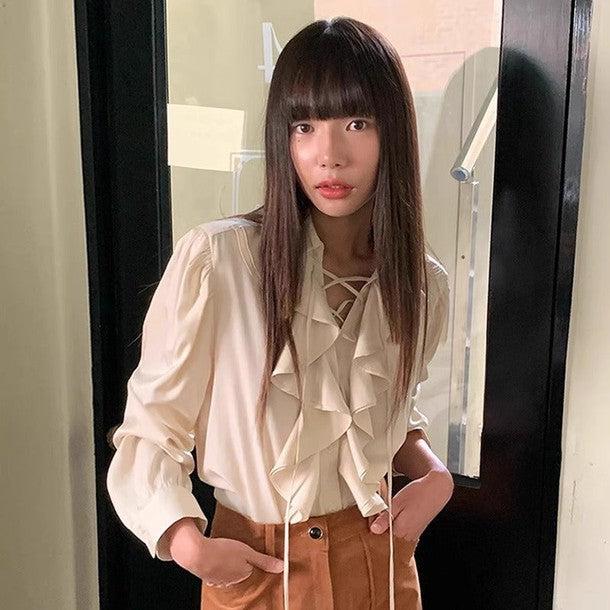 ボリュームフリルVネックネックブラウス 6399-画像3-韓国ファッション通販POPREA［ポップリア］