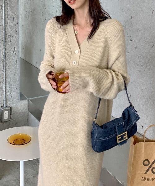 Vネックボタンリブニットワンピース 6334-画像3-韓国ファッション通販POPREA［ポップリア］