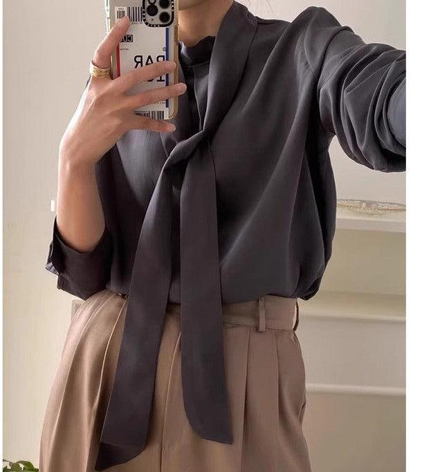 ボウタイ長袖オフィスブラウス 6364-画像3-韓国ファッション通販POPREA［ポップリア］