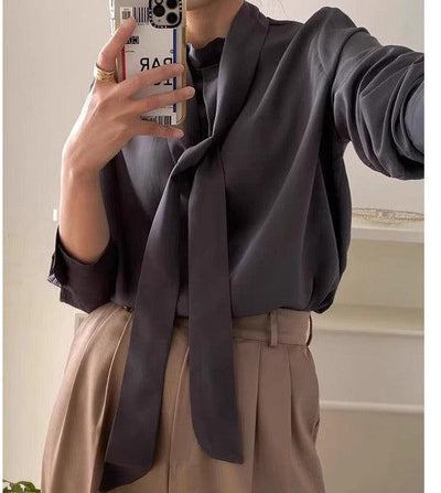 ボウタイ長袖オフィスブラウス 6364-画像3-韓国ファッション通販POPREA［ポップリア］