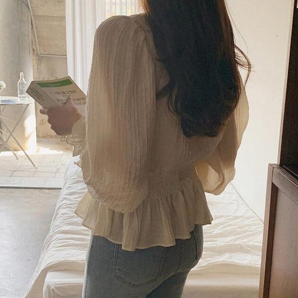 Vネックシアーシャツブラウス﻿ 6096-画像3-韓国ファッション通販POPREA［ポップリア］