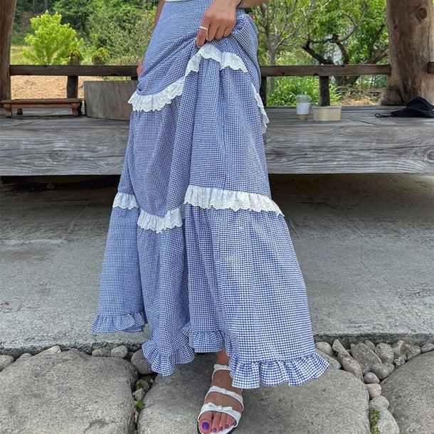 レースラインチェックロングスカート 6126-画像3-韓国ファッション通販POPREA［ポップリア］