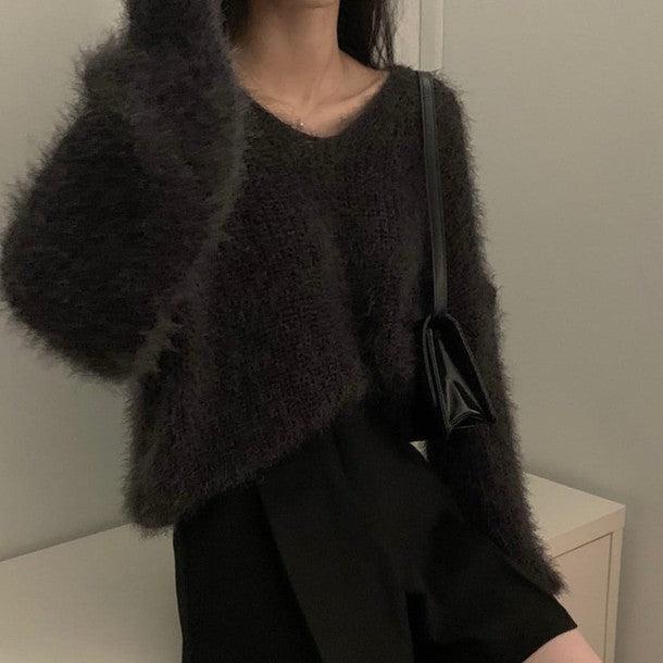 ルーズVネックシャギーニット 6394-画像3-韓国ファッション通販POPREA［ポップリア］