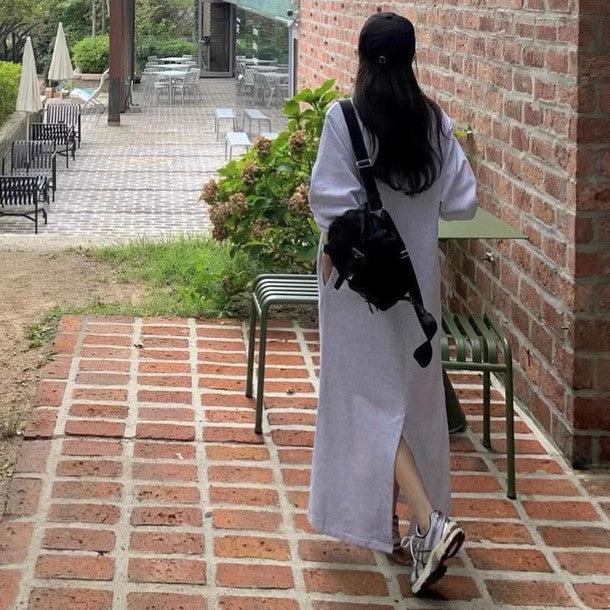 Vネックポイントロゴスエットワンピース﻿ 6207-画像3-韓国ファッション通販POPREA［ポップリア］