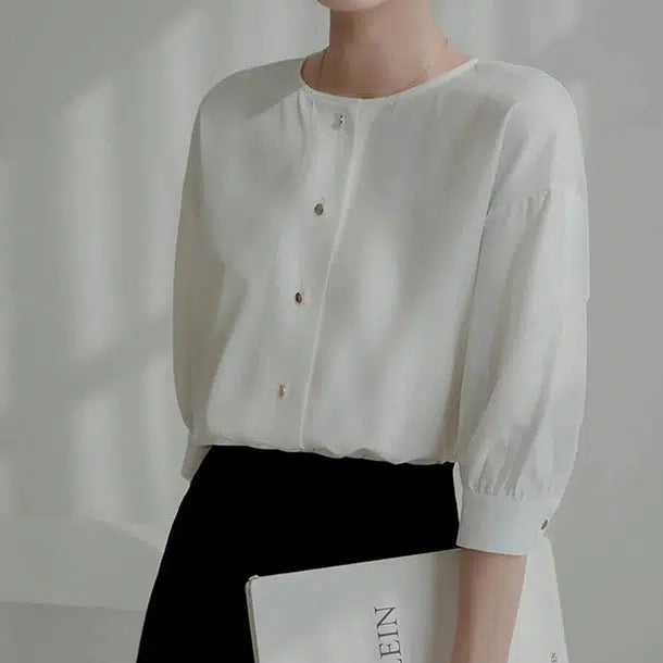 ゴールドボタン七分袖ブラウス﻿﻿ 6049-画像3-韓国ファッション通販POPREA［ポップリア］