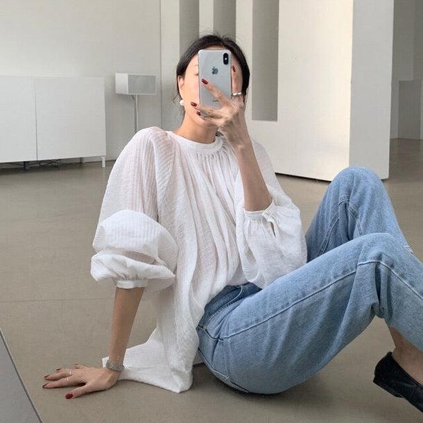 ギャザーボリュームスリーブシアーブラウス﻿﻿﻿ 5988-画像3-韓国ファッション通販POPREA［ポップリア］