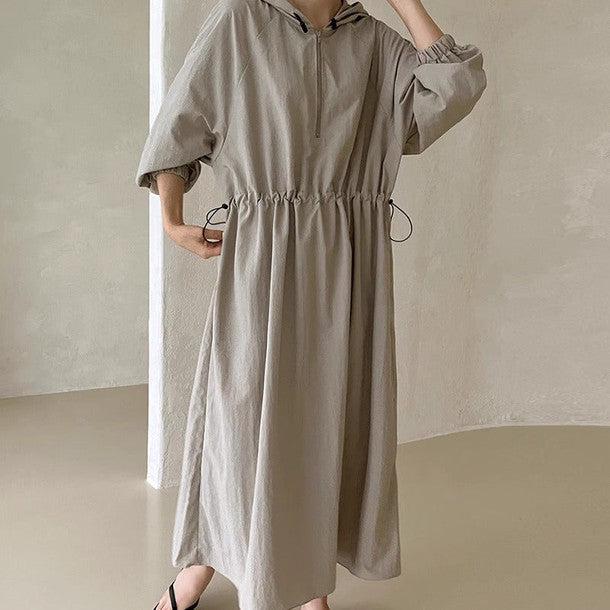 フード付きハーフジップロングワンピース 6405-画像3-韓国ファッション通販POPREA［ポップリア］