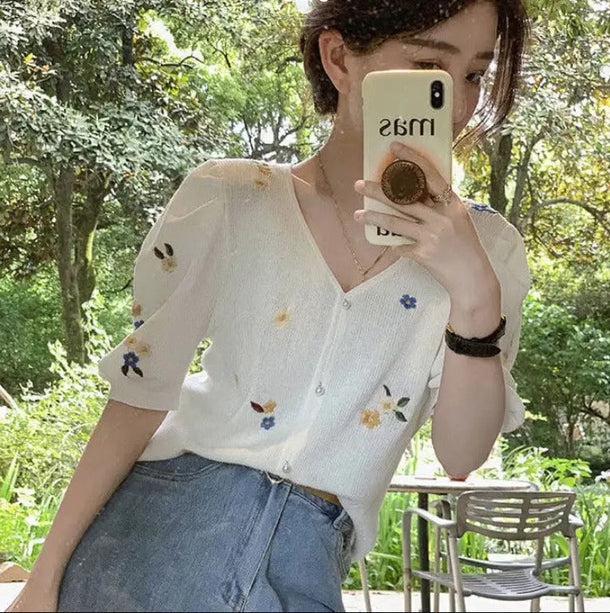 Vネック刺繍フラワーカーディガン 6142-画像3-韓国ファッション通販POPREA［ポップリア］