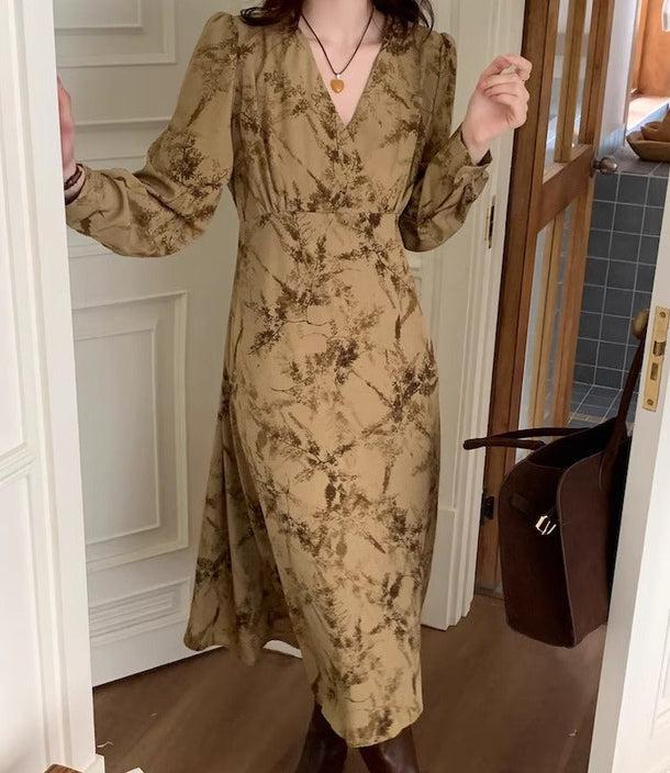 オータムデザインVネックワンピース 6157-画像3-韓国ファッション通販POPREA［ポップリア］