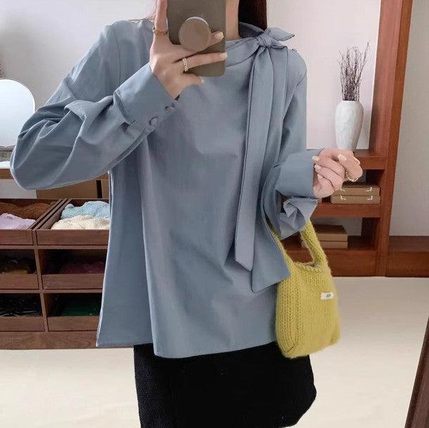 ネックリボンロングカフスブラウス﻿ 6211-画像3-韓国ファッション通販POPREA［ポップリア］