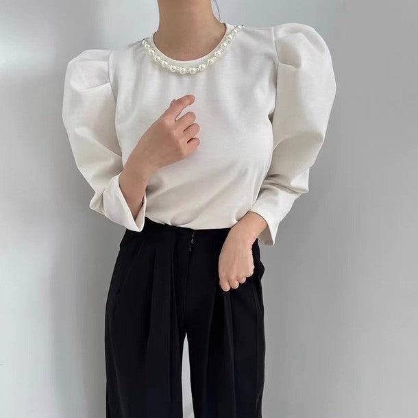 パール調ラウンドネックブラウス 6434-画像3-韓国ファッション通販POPREA［ポップリア］