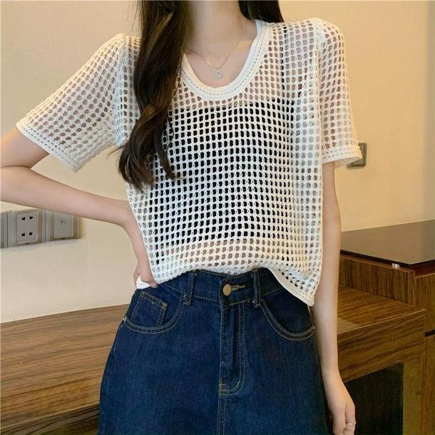 透かし編みクロップドサマーニット 6072-画像3-韓国ファッション通販POPREA［ポップリア］
