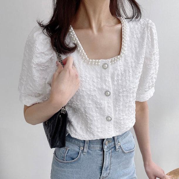 スクエアカラーパールパフスリーブシャツ 5994-画像3-韓国ファッション通販POPREA［ポップリア］