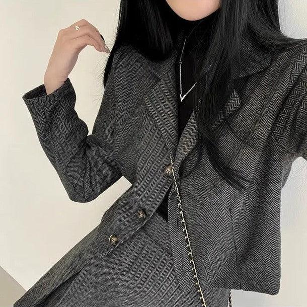 ヘリンボーンショートジャケット＆スカート 6387-画像3-韓国ファッション通販POPREA［ポップリア］