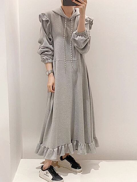 フリルカジュアルロングワンピース 6156-画像3-韓国ファッション通販POPREA［ポップリア］