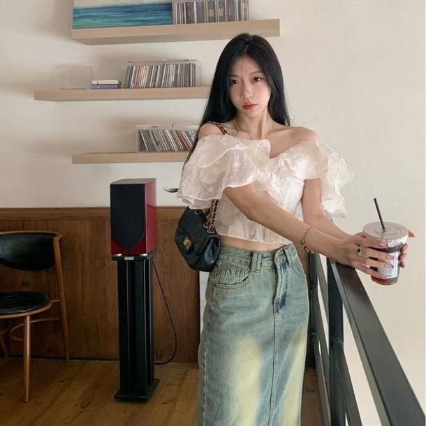 オフショルダーフリルブラウス 6074-画像3-韓国ファッション通販POPREA［ポップリア］