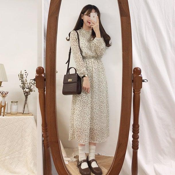 バックリボン小花柄ロングワンピ‐ス 6586-画像3-韓国ファッション通販POPREA［ポップリア］