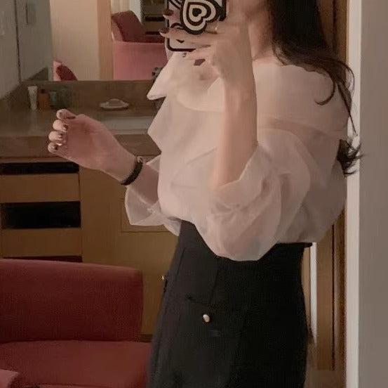 オフショルダーシアーブラウス 6452-画像3-韓国ファッション通販POPREA［ポップリア］