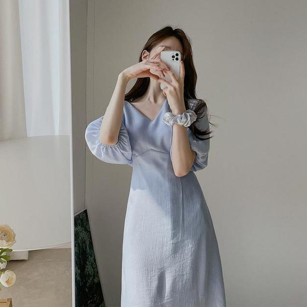 パフスリーブプレーンワンピース﻿﻿ 6649-画像3-韓国ファッション通販POPREA［ポップリア］