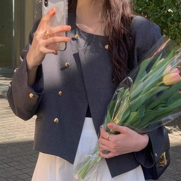 ダブルボタンノーカラージャケット﻿﻿ 6219-画像3-韓国ファッション通販POPREA［ポップリア］